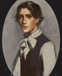  1boy arcane:_league_of_legends bags_under_eyes black_eyes black_hair black_vest bow bowtie curtained_hair ecler_ecler expressionless league_of_legends looking_at_viewer male_focus oval_background painterly shirt short_hair solo upper_body vest viktor_(league_of_legends) white_shirt 