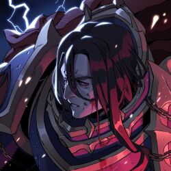  1boy armor blood blood_on_armor blood_on_face blue_eyes brown_hair commentary commission english_commentary konrad_curze lightning long_hair male_focus parted_hair parted_lips solo teeth upper_body warhammer_40k wenny02 