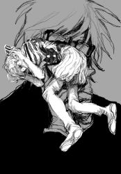  2boys clown commentary_request constricted_pupils denpa_shougai glasses gloves grey_background greyscale hands_on_own_head hands_up highres looking_at_viewer lying male_focus monochrome multiple_boys neck_ruff on_side own_hands_clasped own_hands_together puffy_short_sleeves puffy_shorts puffy_sleeves randal&#039;s_friends randal_ivory sebastian_de_tomato_smith_chicken_legs short_hair short_sleeves shorts simple_background squinting 