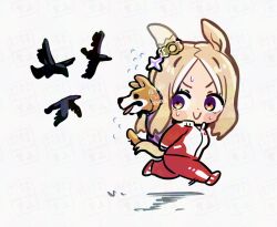  1girl animal_ears bird blonde_hair blush carrying closed_mouth crow dog ear_covers ear_ornament gradient_eyes horse_ears horse_girl horse_tail jacket long_sleeves medium_hair multicolored_eyes narita_top_road_(umamusume) pants piggyback red_jacket red_pants red_track_suit short_hair simple_background single_ear_cover smile sweat tail takuan_(taku1219oekaki) tongue tongue_out tracen_training_uniform track_jacket track_pants track_suit umamusume violet_eyes 