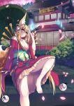  1girl absurdres animal_ears architecture arm_support ball bangs bare_shoulders blonde_hair blue_fire braid breasts cleavage east_asian_architecture eyebrows fingernails fire flower fox_ears fox_tail grass hair_between_eyes hair_ornament hair_ribbon highres index_finger_raised japanese_clothes kimono knot kyona_(konakona) long_fingernails long_hair multicolored_eyes night night_sky obi off_shoulder oriental_umbrella original outdoors pavement petals ribbon sash short_kimono sitting sky sliding_doors smile solo stairs tail thighs umbrella upskirt very_long_hair x_hair_ornament 