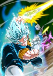  2boys arm_blade aura battle blue_eyes blue_hair blue_pants blue_shirt boots disembodied_head dougi dragon_ball dragon_ball_super earrings energy_blade fused_zamasu gloves highres jewelry medium_hair multiple_boys muscular muscular_male orange_shirt pants pocagraffiti potara_earrings shirt smirk solo_focus spiky_hair super_saiyan super_saiyan_blue vegetto weapon white_boots white_gloves 