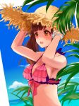  1girl :d bangs bikini bikini_top blue_sky blunt_bangs bow bow_bikini bracelet breasts brown_hair clouds eyebrows eyebrows_visible_through_hair frilled_bikini frills hands hands_on_headwear hat idolmaster idolmaster_cinderella_girls igarashi_kyouko jewelry long_hair ocean open_mouth orange_eyes outdoors palm_tree pink_bikini pink_bow side_ponytail sideboob sinsihukunokonaka sky smile solo straw_hat swimsuit tree upper_body 