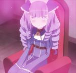  1girl blush chair curly_hair hair_twirling highres lapis_lazuli_(taimadou_gakuen) purple_hair screencap sparkle taimadou_gakuen_35_shiken_shoutai violet_eyes 