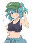  1girl arm_up bare_shoulders blue_eyes blue_hair blush cabbie_hat collarbone crop_top crop_top_overhang grin hair_bobbles hair_ornament hat kawashiro_nitori looking_at_viewer midriff navel no_bra pose simple_background skirt sleeveless smile solo text tojo_(strit2p) touhou twintails two_side_up upper_body white_background 