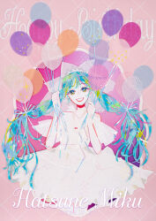  1girl :d absurdres alternate_costume balloon bare_shoulders blue_eyes blue_hair blue_ribbon border bow character_name collar colored_eyelashes commentary_request cowboy_shot dated dress floating_hair grid_background hands_up happy_birthday hatsune_miku highres holding holding_balloon long_hair masking_tape_(medium) mixed_media multicolored_eyes multicolored_hair off-shoulder_dress off_shoulder open_mouth ornate_border red_lips ribbon ryono short_dress smile solo traditional_media twintails twitter_username unconventional_media very_long_hair vocaloid wedding_dress white_bow white_collar white_dress wispy_bangs 