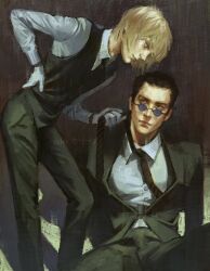  2boys arched_back black_hair black_necktie black_suit black_vest blonde_hair brown_eyes clothes_grab ecler_ecler feet_out_of_frame glasses gloves hand_on_own_hip highres hunter_x_hunter kurapika leorio_paladiknight looking_at_another male_focus multiple_boys necktie necktie_grab neckwear_grab on_ground painterly shadow shirt short_hair sitting suit vest white_gloves white_shirt 
