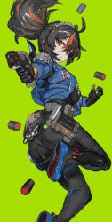  1girl absurdres black_gloves black_hair blue_jacket bullet closed_mouth gloves green_background gun hairband handgun handlebar high-waist_pants highres holding holding_handlebar holding_weapon holster jacket leg_up metal_hairband multicolored_hair orange_eyes pants police police_badge police_uniform policewoman ponytail ranf red_hair red_streaks shoulder_holster solo streaked_hair tight_clothes tight_pants weapon zenless_zone_zero zhu_yuan 