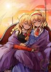  2girls alice_margatroid ascot blonde_hair blush book braid closed_eyes couple hairband head_to_head highres interlocked_fingers kirisame_marisa long_hair multiple_girls no_hat open_mouth shared_blanket short_hair side_braid sindre single_braid sleeping touhou yuri 