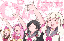  4girls aoneco arms_up black_hair blush_stickers bow bowtie brown_hair commentary_request copyright_name hair_bow hair_ornament hairband hairclip hanami_kotoha in-franchise_crossover inukai_komugi kimi_to_idol_precure mahou_girls_precure! meroron_(civilian)_(precure) meroron_(precure) multiple_girls open_mouth pink_hair precure purirun_(civilian)_(precure) purirun_(precure) sailor_collar wonderful_precure! 