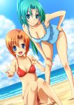  2girls :d asymmetrical_bangs bangs barefoot beach bent_over bikini blue_eyes blue_sky blue_swimsuit blush breasts card_(medium) casual_one-piece_swimsuit cleavage clouds cloudy_sky dutch_angle frilled_swimsuit frills green_hair hand_on_hip hand_on_own_knee high_ponytail highres higurashi_no_naku_koro_ni knees_together_feet_apart large_breasts light_smile long_hair looking_at_viewer multiple_girls o-ring_bikini o-ring_top ocean official_art on_ground one-piece_swimsuit open_mouth orange_hair outdoors outstretched_arm parted_bangs ponytail print_swimsuit rato red_bikini rounded_corners ryuuguu_rena scan short_hair sitting sky small_breasts smile sonozaki_mion strap_pull swimsuit v very_long_hair water watermark 