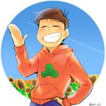  1boy anubisu-no-sinpan blue_sky bowl_cut brown_hair circle closed_eyes denim flower hand_in_pocket jeans male_focus osomatsu-kun osomatsu-san osomatsu_(osomatsu-kun) pants sky smile solo sunflower twitter_username upper_body waving 