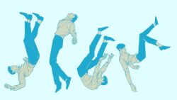  4boys black_hair black_pants blue_theme closed_eyes cowboy_shot falling full_body highres limited_palette male_focus multiple_boys multiple_expressions pants poses reaching runlikehellllll seong_gi-hun shirt short_hair squid_game white_shirt 