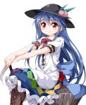  1girl blue_hair boots bow cross-laced_footwear food fruit hat hinanawi_tenshi long_hair looking_at_viewer peach puffy_short_sleeves puffy_sleeves red_eyes ruu_(tksymkw) shirt short_sleeves sitting_on_rock skirt smile solo sword_of_hisou touhou very_long_hair 
