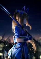  1girl absurdres animal_ears armor blue_eyes blue_kimono blurry bokeh breasts brown_hair closed_mouth commentary depth_of_field ear_covers from_side grass_wonder_(honor_of_the_blue_flame)_(umamusume) grass_wonder_(umamusume) hair_between_eyes hair_ornament highres holding holding_polearm holding_weapon horse_ears horse_girl japanese_armor japanese_clothes kimono long_hair manjo_(warito) naginata official_alternate_costume official_alternate_hairstyle polearm ponytail solo textless_version umamusume weapon 