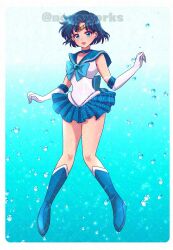  1girl bishoujo_senshi_sailor_moon blue_background blue_boots blue_bow blue_choker blue_collar blue_eyes blue_hair blue_skirt blue_trim boots border bow brooch bubble choker collar commentary curtained_hair elbow_gloves english_commentary floating_hair gloves gold_headband gradient_background highres jewelry knee_boots nonoworks open_mouth pleated_skirt rounded_corners sailor_collar sailor_mercury shirt shirt_bow short_hair skirt sleeveless sleeveless_shirt smile solo underwater watermark white_background white_border white_gloves white_shirt 