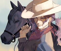  1boy alternate_costume animal bandana bandana_around_neck battle_tendency commentary contemporary cowboy_hat earrings eyeshadow hat horse jewelry jojo_no_kimyou_na_bouken kars_(jojo) long_hair long_sleeves makeup male_focus ponytail red_eyes solo symbol-only_commentary yepnean 