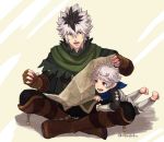  2boys asura_(fire_emblem_if) barefoot black_hair boots father_and_son fire_emblem fire_emblem_if gloves hashiko_(neleven) kanna_(fire_emblem_if) multicolored_hair multiple_boys open_mouth red_eyes sitting two-tone_hair white_background white_hair 
