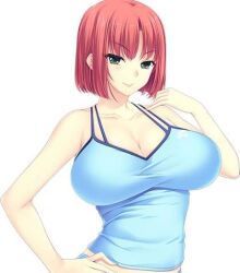  1girl baku_ane_2_~otouto_ippai_shibocchau_zo!~ bare_shoulders blue_shirt choco_chip cleavage eyebrows eyebrows_visible_through_hair female green_eyes hand_on_hip hand_on_own_hip huge_breasts large_breasts lowres non-web_source official_art pale_skin red_hair short_hair sleeveless smile solo takesaka_wakana tank_top 