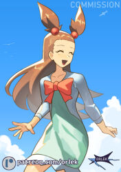 1girl :d artist_name bow brown_hair closed_eyes clouds commentary commission day dress green_dress hair_bobbles hair_ornament happy jacket jasmine_(pokemon) long_hair open_mouth orange_bow orlek outdoors patreon_logo pokemon pokemon_(creature) pokemon_hgss sky smile tongue twintails two_side_up watermark web_address wingull