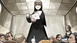  6+girls ahoge bird black_hair blonde_hair blue_eyes bow brown_hair chicken commentary diva_(hyxpk) double_bun english_commentary eyelashes eyelashes_nun_(diva) hair_bow hair_bun highres little_nuns_(diva) multiple_girls nun pale_skin pointing red_bow short_hair shy_nun_(diva) survey_girl_(diva) traditional_nun 