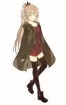  1girl ankle_boots black_boots black_legwear blonde_hair boots brown_eyes coat dress long_coat long_hair long_sleeves looking_at_viewer lp_(hamasa00) one_leg_raised original ponytail red_dress simple_background solo thigh-highs very_long_hair white_background zettai_ryouiki 