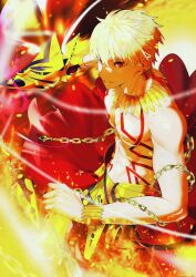  1boy armor blonde_hair body_markings bracelet cape chain cowboy_shot ea_(fate) earrings enkidu_(weapon)_(fate) fate_(series) faulds fighting_stance fire gilgamesh_(fate) gold_armor gold_bracelet gold_chain gold_earrings gold_necklace goryu_hant highres holding holding_weapon jewelry male_focus necklace red_cape red_eyes short_hair solo sparks topless_male weapon 