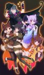  5girls ahoge alternate_costume animal_ears black_gloves black_hair brown_hair cat_ears cat_tail closed_mouth commentary_request fang fingerless_gloves gloves halloween halloween_costume hat highres kantai_collection kiso_(kantai_collection) kitakami_(kantai_collection) kuma_(kantai_collection) long_hair long_sleeves multiple_girls one_eye_closed ooi_(kantai_collection) open_mouth purple_hair red_ribbon ribbon short_hair short_sleeves tail tama_(kantai_collection) tongue tongue_out wrist_cuffs yukina_(black0312) 