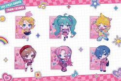  2boys 4girls ahoge arm_up backpack bag black_skirt blonde_hair blue_eyes blue_hair book bracelet brown_hair chibi chibi_only commentary_request hair_ornament hairclip hat hatsune_miku headphones holding holding_book jewelry kagamine_len kagamine_rin kaito kaito_(vocaloid) locker mawarusanso megurine_luka meiko meiko_(vocaloid) multiple_boys multiple_girls open_mouth pink_hair pink_shirt pleated_skirt red_hat shirt short_hair skirt striped_clothes striped_shirt twintails vocaloid yawning 