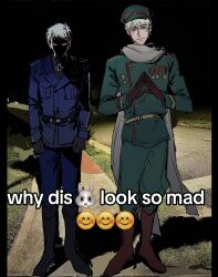  2boys axis_powers_hetalia baggy_pants belt black_belt black_boots black_gloves black_shirt black_sky blue_jacket blue_pants boots breast_pocket brown_boots brown_gloves buttons clenched_hands closed_mouth collared_shirt cross emoji english_text face_in_shadow full_body gloves grass green_hat green_jacket green_pants grey_hair grey_scarf hair_between_eyes hands_up hat highres iron_cross jacket lapels long_sleeves looking_at_viewer male_focus medal meme military_hat military_jacket military_uniform mimi18710 multiple_boys night night_sky outdoors own_hands_together pants pocket prussia_(hetalia) red_eyes road russia_(hetalia) scarf shadow shirt short_hair sky smile standing star_ornament violet_eyes white_hair why_dis_ninja_look_so_mad_(meme) yellow_belt 