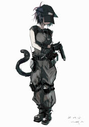  1girl absurdres alternate_costume animal_ears arknights artist_name baseball_cap black_boots black_gloves black_hair boots breasts cat_ears cat_girl cat_tail chest_harness covered_eyes dated gloves grey_pants grey_shirt gun harness hat highres holding holding_gun holding_weapon jessica_(arknights) knee_pads pants pppmepl shirt simple_background solo tail weapon white_background 