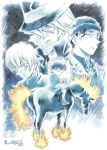  aoyama_goushou beanie blank_eyes character_request edogawa_conan fiery_hair fire gin_(meitantei_conan) glasses hat hidden_eyes horse horseback_riding mane meitantei_conan reins riding signature 