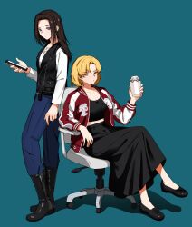  2girls bang_dream! black_hair black_shoes black_skirt black_vest blonde_hair blue_background blue_eyes boots breasts cellphone chain135827 chair collarbone denim full_body glass highres holding holding_phone jacket jeans long_hair looking_at_viewer medium_breasts multiple_girls pants phone sato_masuki shirt shoes short_hair simple_background sitting skirt standing vest wakana_rei white_shirt yellow_eyes 