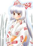  1girl blush bow fujiwara_no_mokou hair_bow hair_ribbon isaken japanese_clothes kimono long_hair ribbon solo talismans touhou white_hair 