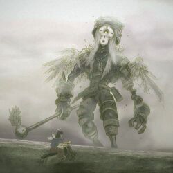  1girl aaru_sentou_shuudan anachronism angel angel_wings black_hair blue_jacket brown_skirt commentary_request crossover cyclops earrings feathered_wings fusion gaius_(shadow_of_the_colossus) giant grey_sky grey_wings haibane_renmei halo holding holding_scepter jacket jewelry long_skirt lowres motor_vehicle on_scooter one-eyed reki_(haibane_renmei) riding_scooter scepter scooter shadow_of_the_colossus skirt sky standing wasshi wheelie wings 