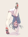  1girl :d arm_support bandaged_arm bandages black_hair breasts hair_ribbon handstand hoodie kanbaru_suruga long_hair monogatari_(series) open_mouth owarimonogatari red_eyes ribbon shadow shoes shorts smile sneakers solo standing_on_one_leg takenisketch tiptoes twintails upshorts upside-down 