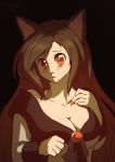  1girl animal_ears artist_name bangs black_background blush breasts brooch brown_hair cleavage collarbone dress eyelashes fingernails hand_on_own_chest imaizumi_kagerou jewelry long_hair looking_to_the_side nail_polish off-shoulder_dress parted_lips red_eyes red_nails reflective_eyes sharp_fingernails shiny shiny_hair simple_background solo tareme touhou velkia very_long_hair wolf_ears 