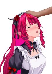  1girl absurdres apron bijouvirus closed_eyes frilled_apron frills hand_on_another&#039;s_head headpat highres hololive hololive_english horns irys_(hololive) long_hair maid maid_apron maid_headdress pointy_ears red_hair smile virtual_youtuber white_apron 