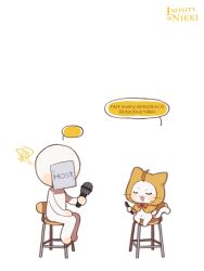  1other absurdres ahoge ambiguous_gender animal artist_request blank_speech_bubble blush_stickers bow bowtie cat chair cloak closed_eyes clothed_animal commentary copyright_name ear_covers english_commentary english_text hand_on_lap happy highres holding holding_microphone hood hood_up hooded_cloak infinity_nikki logo microphone momo_(nikki) navel nikki_(series) official_art on_chair paper_on_head red_bow red_bowtie second-party_source simple_background sitting speech_bubble spoken_squiggle squiggle traditional_bowtie viewer_self-insert whiskers white_background white_cat yellow_cloak 