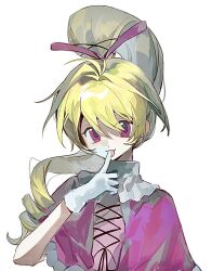  1girl biscuit_krueger blonde_hair capelet dress feiwusheng gloves hair_ribbon hand_up high_ponytail highres hunter_x_hunter index_finger_raised long_hair looking_at_viewer open_mouth pink_dress pink_eyes ponytail ribbon sidelocks simple_background smile solo upper_body white_background white_gloves 