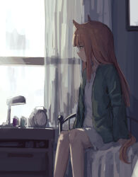  1girl animal_ears blue_eyes blush closed_mouth dress green_jacket highres horse_ears horse_tail indoors jacket long_hair looking_to_the_side on_bed orange_hair seikatsu sidelocks silence_suzuka_(umamusume) sitting solo tail umamusume white_dress 