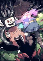  1other :d absurdres ankle_boots bags_under_eyes black_background black_pantyhose blue_shorts blue_soul_(undertale) blue_sweater blurry boots brown_boots brown_hair claws colored_sclera commentary_request cyan_soul_(undertale) depth_of_field extra_eyes extra_mouth floating flowey_(undertale) frisk_(undertale) from_behind full_body glowing grey_eyes heart high_heel_boots high_heels highres light_particles long_sleeves looking_at_another marueri open_mouth orange_soul_(undertale) pantyhose photoshop_flowey red_sclera short_hair shorts simple_background smile soul_(deltarune) sweater teeth turtleneck turtleneck_sweater undertale utdr_(toby_fox) vignetting yellow_soul_(undertale) 