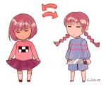 1girl braid brown_hair closed_eyes cosplay costume_switch crossover frisk_(undertale) frisk_(undertale)_(cosplay) knife madotsuki madotsuki_(cosplay) shirt solsticerose striped striped_shirt twin_braids undertale yume_nikki