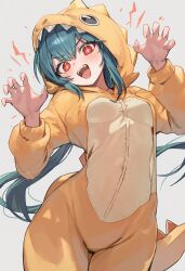  1girl ai-generated animal_costume animal_hood bianca_(black_survival) black_survival breasts claw_pose dinosaur_costume dinosaur_hood dinosaur_tail double-parted_bangs eternal_return:_black_survival fake_tail green_hair highres hood hood_up illustchuki light_blush long_hair long_sleeves medium_breasts open_mouth orange_pajamas pajamas red_eyes simple_background solo star-shaped_pupils star_(symbol) symbol-shaped_pupils tail teeth upper_teeth_only very_long_hair white_background 