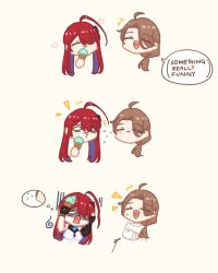  +++ 2girls =_= ahoge brain_freeze brown_hair elizabeth_rose_bloodflame elizabeth_rose_bloodflame_(1st_costume) english_commentary english_text food highres hololive hololive_english ice_cream long_hair multiple_girls open_mouth ponytail red_hair sappysque shaded_face smile spit_take spitting upper_body virtual_youtuber 