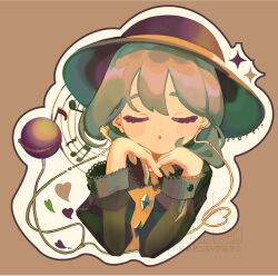  1girl black_hat blouse blush buttons closed_eyes diamond_button earphones eyeball frilled_shirt_collar frills green_hair hat hat_ribbon heart heart_of_string highres komeiji_koishi mimim3kn open_mouth ribbon shirt solo star_(symbol) third_eye touhou yellow_ribbon yellow_shirt 