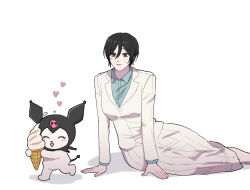  2girls aqua_shirt black_hair blush_stickers breasts closed_eyes collared_shirt feet_out_of_frame hair_between_eyes highres holding holding_ice_cream_cone ice_cream_cone jacket kuromi long_skirt medium_breasts mikasa_ackerman multiple_girls open_mouth parted_lips pleated_skirt rakji sanrio scar scar_on_cheek scar_on_face shingeki_no_kyojin shirt short_hair skirt smile suit_jacket sweatdrop white_background white_jacket white_skirt 