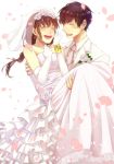  1boy 1girl bare_shoulders black_hair blush braid bridal_veil brown_hair carrying closed_eyes couple dress elbow_gloves freckles gloves good_end hetero hukahire0313 jyushimatsu jyushimatsu&#039;s_girlfriend long_hair osomatsu-kun osomatsu-san petals princess_carry short_hair smile tears veil wedding_dress wristband 