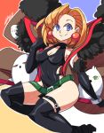  1girl bare_shoulders belt bigdead93 black_gloves black_legwear blonde_hair blue_eyes boots bracelet breasts cleavage cleavage_cutout dress earrings elbow_gloves gloves halterneck high_collar highres jewelry junketsu_no_maria maria_(junketsu_no_maria) short_dress short_hair smile solo thigh-highs thigh_boots thigh_strap witch 