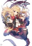  1girl bangs belt black_boots black_legwear blonde_hair blue_eyes blush book boots bow brooch cagliostro_(granblue_fantasy) cape creature dress_shirt frills full_body granblue_fantasy hairband index_finger_raised jewelry lens_flare long_hair looking_at_viewer open_book red_bow red_skirt sad shirt signature simple_background skirt solo sorolp thigh-highs tiara very_long_hair vial violet_eyes white_shirt wrist_cuffs 